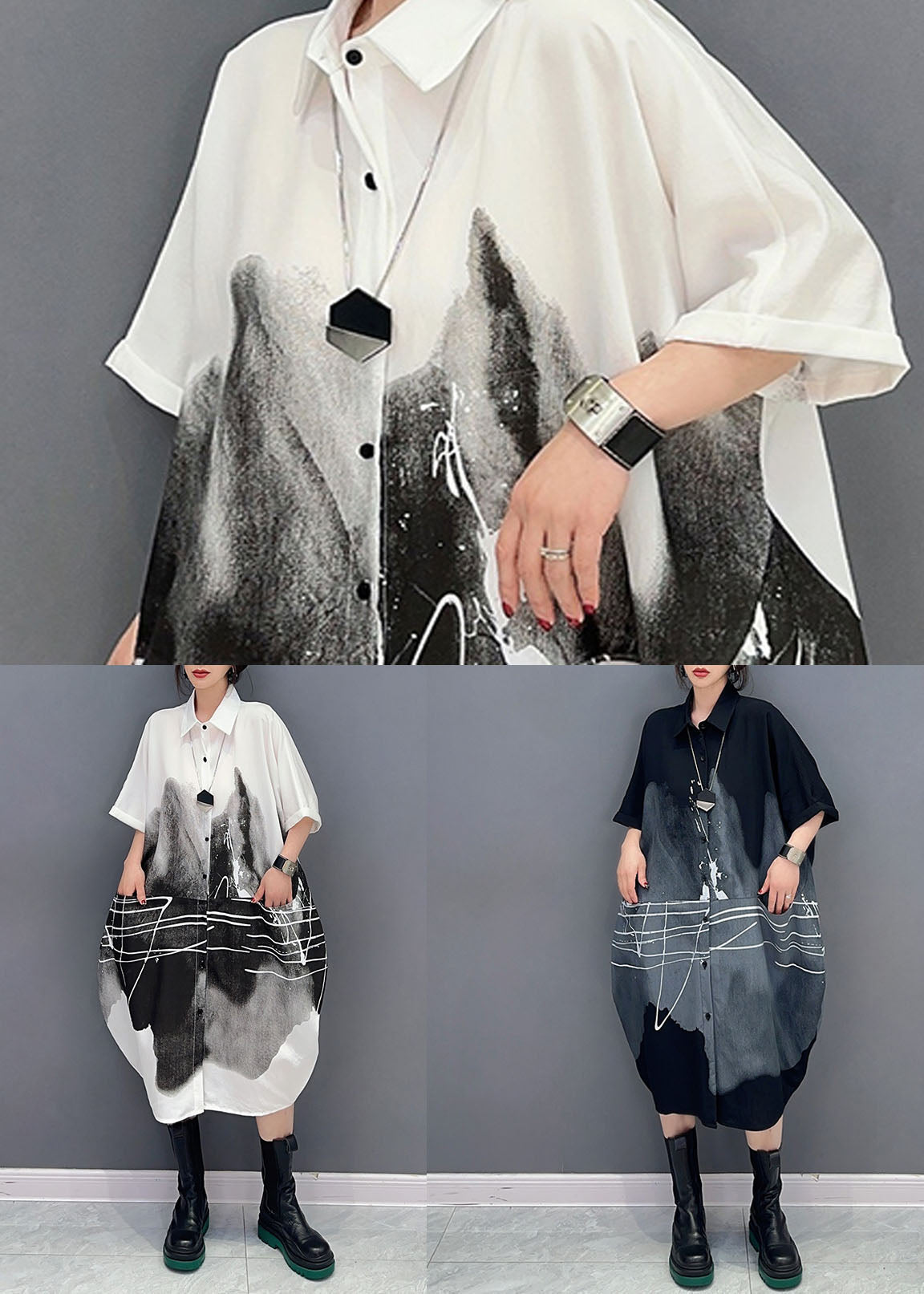 Black Print Patchwork Cotton Shirts Dress Peter Pan Collar Summer LC0331 - fabuloryshop