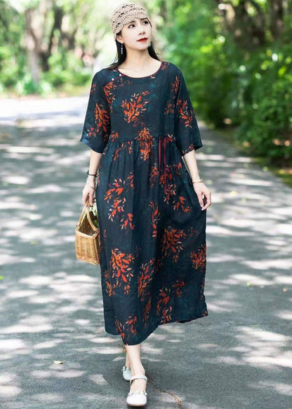 Black Print Patchwork Linen Long Dresses O Neck Drawstring Summer LY2541 - fabuloryshop