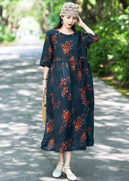 Black Print Patchwork Linen Long Dresses O Neck Drawstring Summer LY2541 - fabuloryshop