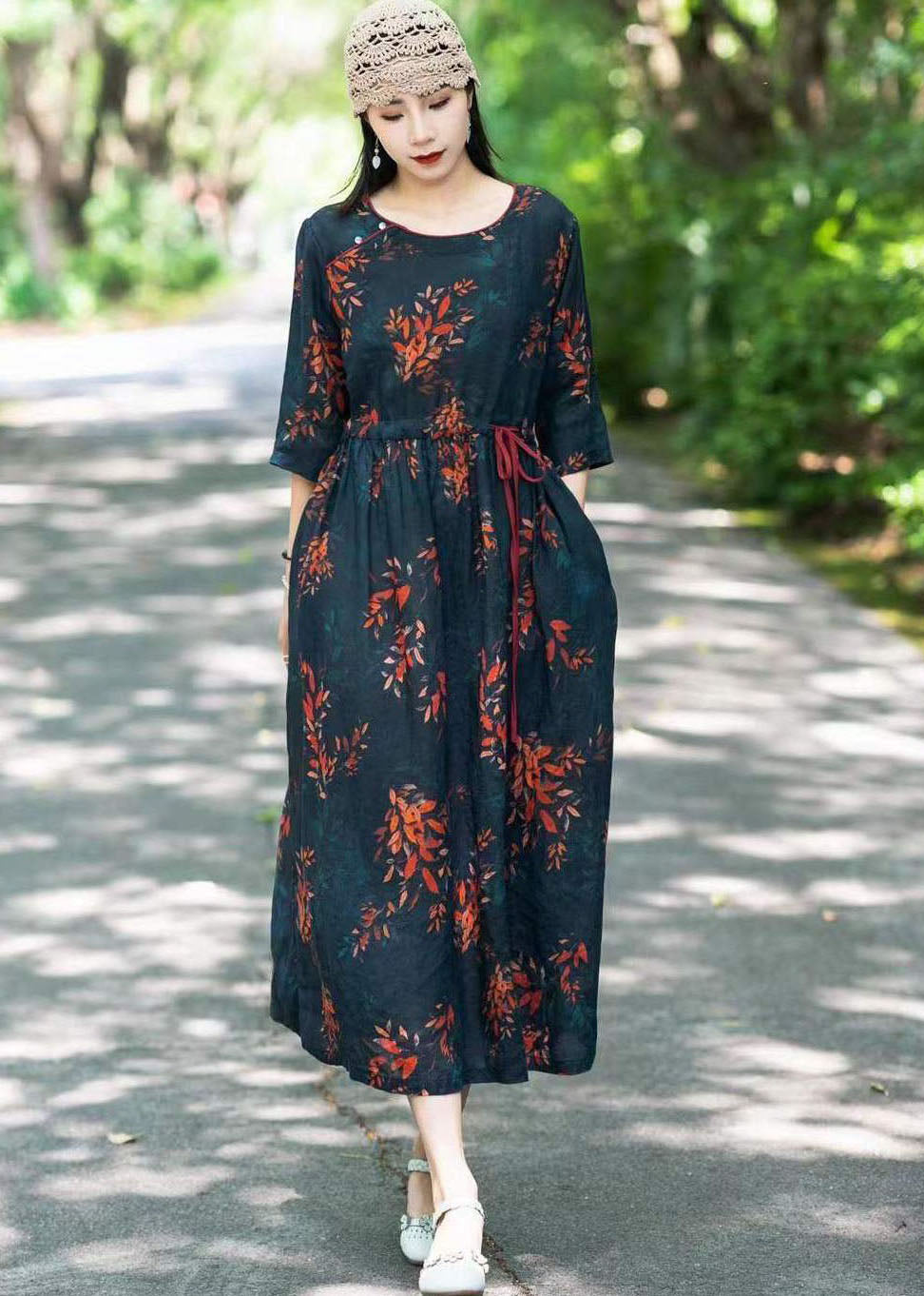 Black Print Patchwork Linen Long Dresses O Neck Drawstring Summer LY2541 - fabuloryshop