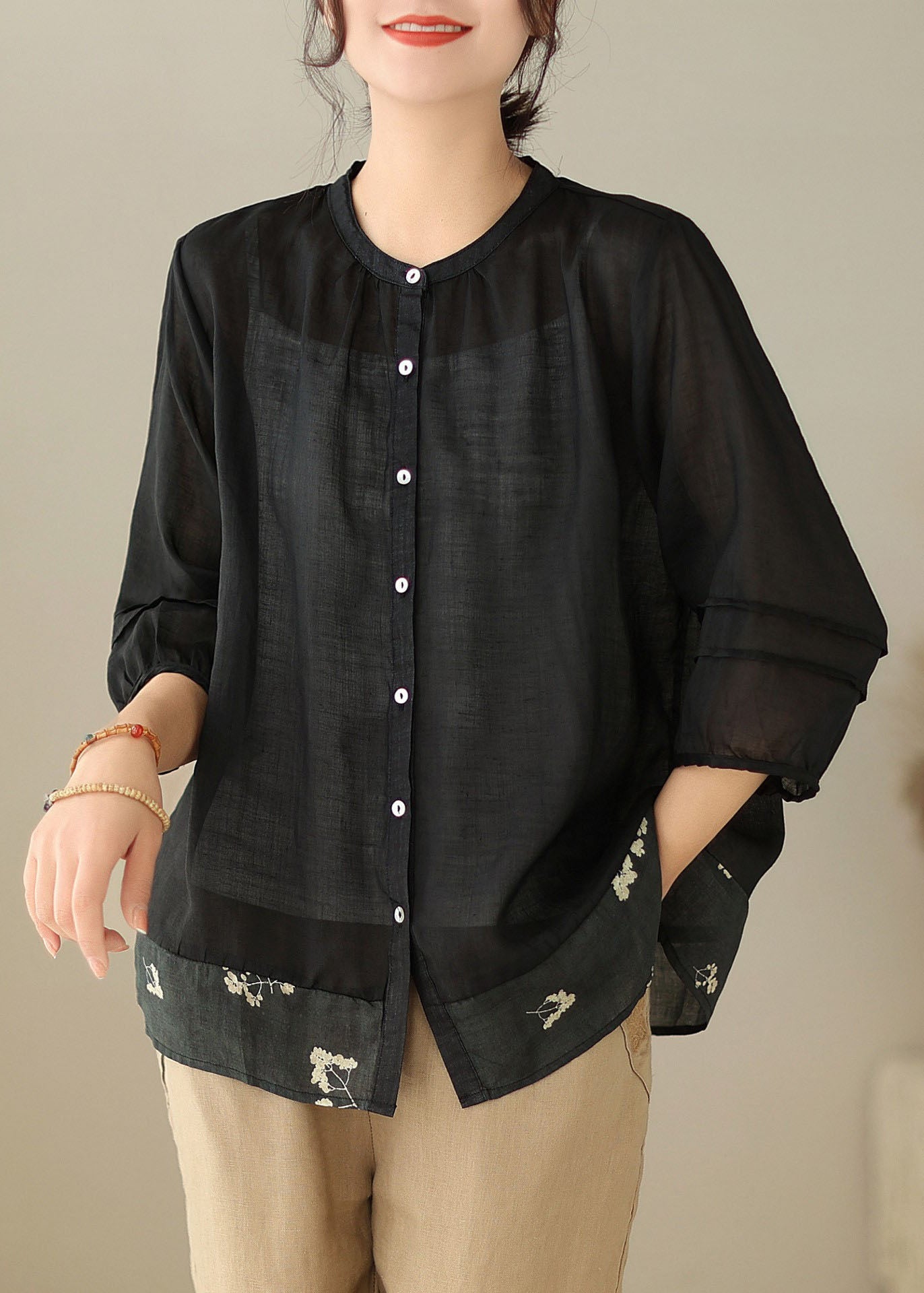 Black Print Patchwork Linen Top Stand Collar Wrinkled Button Summer LY5036 - fabuloryshop