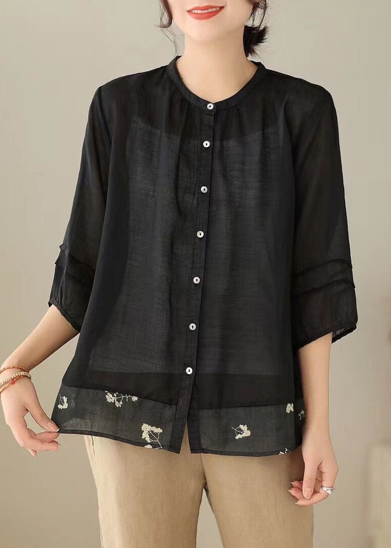 Black Print Patchwork Linen Top Stand Collar Wrinkled Button Summer LY5036 - fabuloryshop