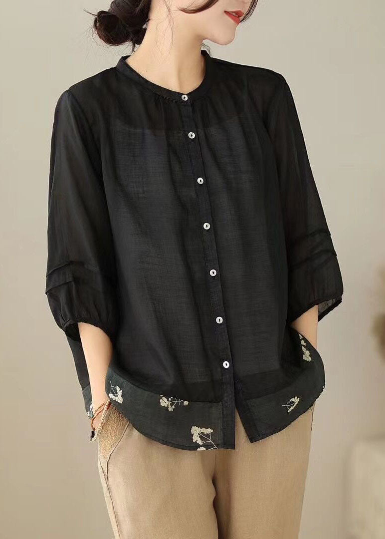 Black Print Patchwork Linen Top Stand Collar Wrinkled Button Summer LY5036 - fabuloryshop