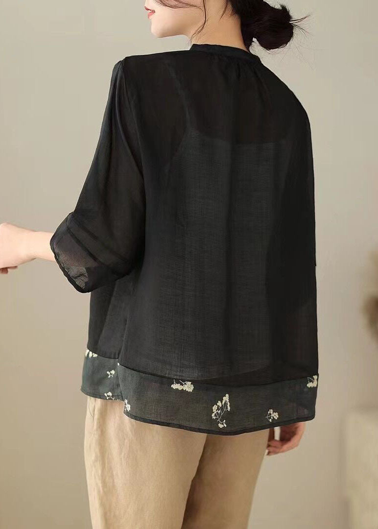 Black Print Patchwork Linen Top Stand Collar Wrinkled Button Summer LY5036 - fabuloryshop