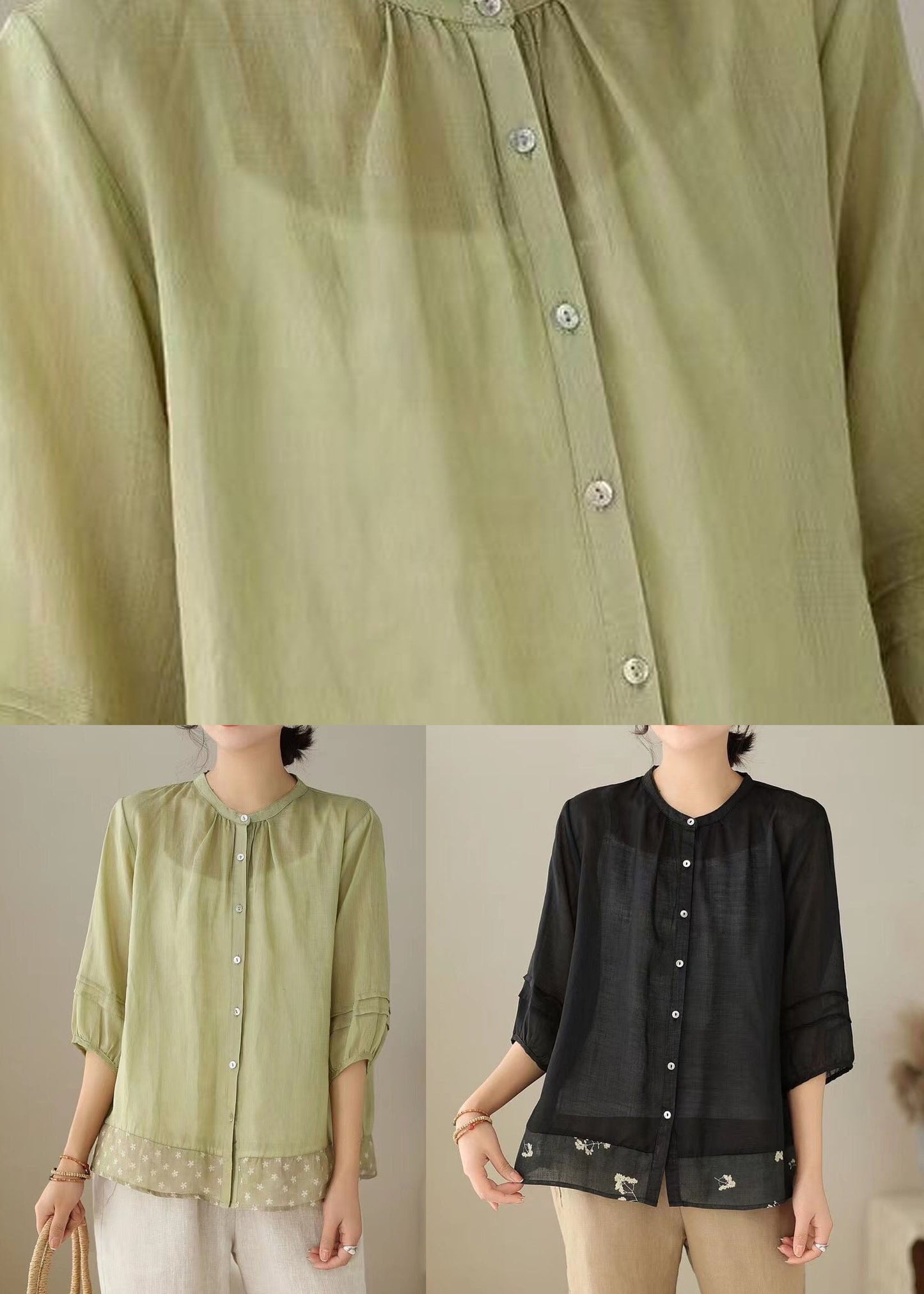 Black Print Patchwork Linen Top Stand Collar Wrinkled Button Summer LY5036 - fabuloryshop