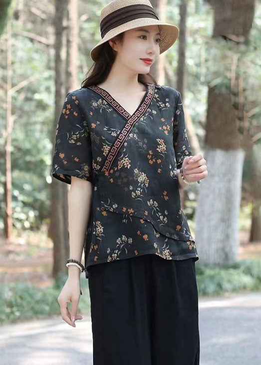 Black Print Patchwork Linen Top V Neck Lace Up Summer LY2537 - fabuloryshop