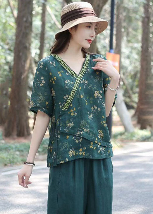 Black Print Patchwork Linen Top V Neck Lace Up Summer LY2537 - fabuloryshop