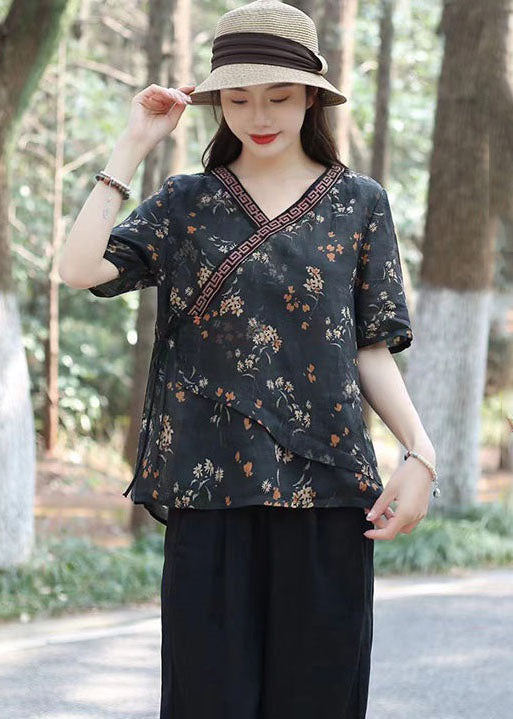 Black Print Patchwork Linen Top V Neck Lace Up Summer LY2537 - fabuloryshop