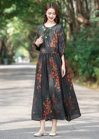 Black Print Patchwork Long Linen Dresses O Neck Wrinkled Summer LY2503 - fabuloryshop