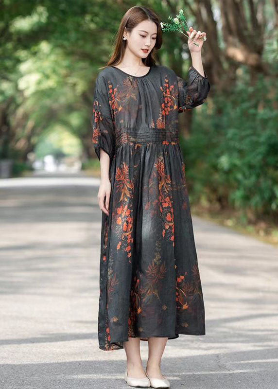 Black Print Patchwork Long Linen Dresses O Neck Wrinkled Summer LY2503 - fabuloryshop