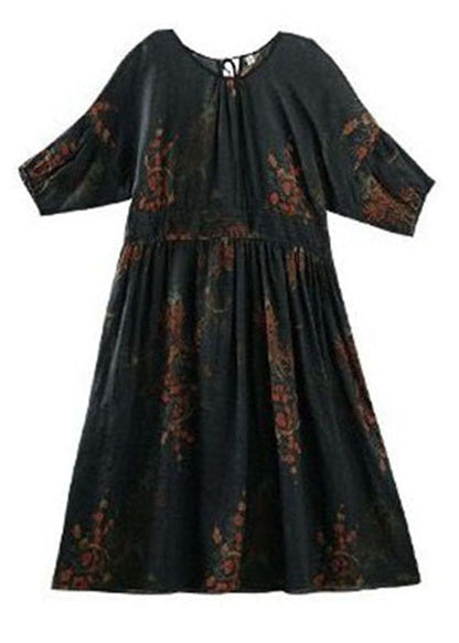 Black Print Patchwork Long Linen Dresses O Neck Wrinkled Summer LY2503 - fabuloryshop