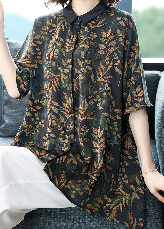 Black Print Patchwork Loose Silk Top Peter Pan Collar Summer LY6727 - fabuloryshop