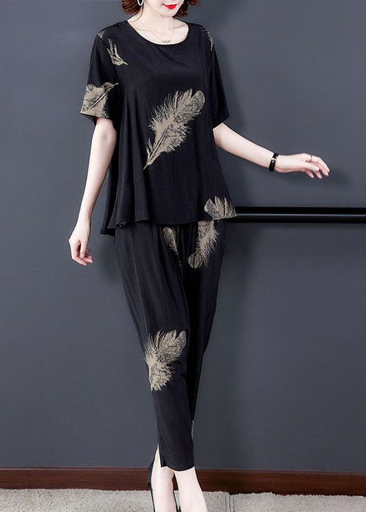 Black Print Patchwork Tops And Pants Cotton Two Pieces Set O-Neck Summer Ada Fashion