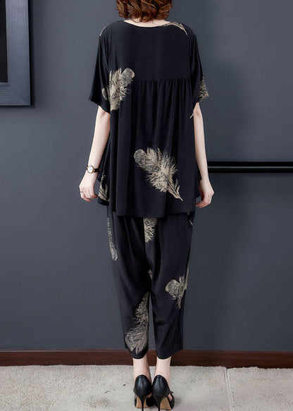 Black Print Patchwork Tops And Pants Cotton Two Pieces Set O-Neck Summer Ada Fashion