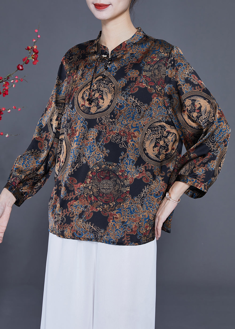 Black Print Silk Blouse Tops Stand Collar Tassel Spring LY2349 - fabuloryshop