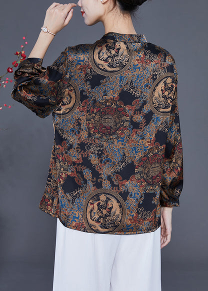 Black Print Silk Blouse Tops Stand Collar Tassel Spring LY2349 - fabuloryshop