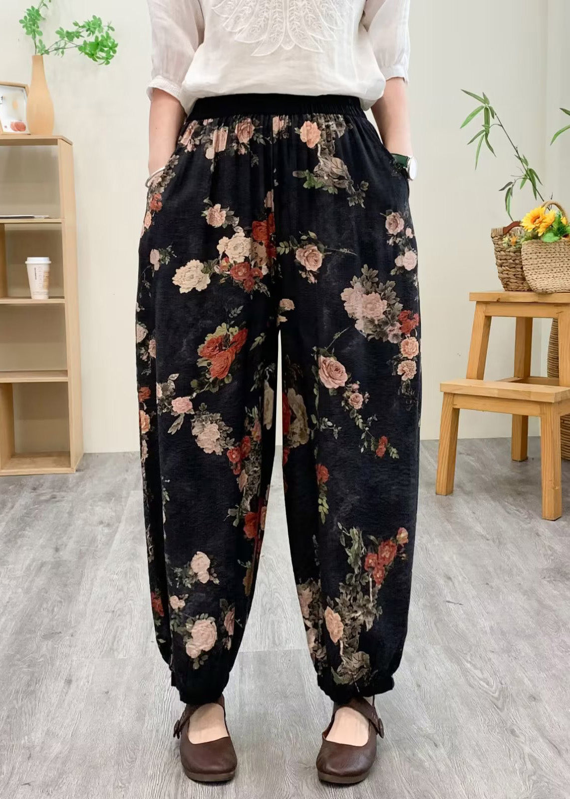 Black Print Silk Linen Lantern Pants Summer TQ1021 - fabuloryshop