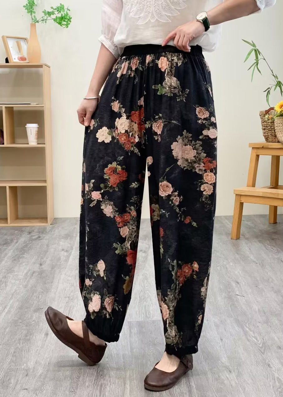 Black Print Silk Linen Lantern Pants Summer Ada Fashion