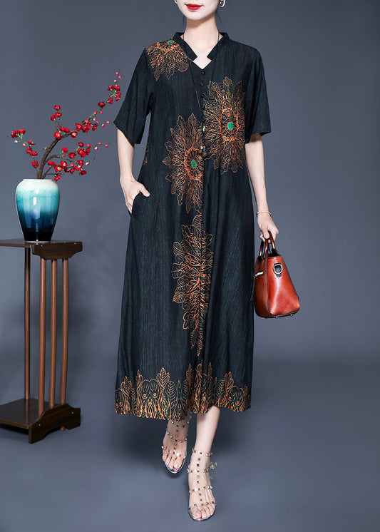 Black Print Silk Long Dress Oversized Pocket Summer LY0927 - fabuloryshop
