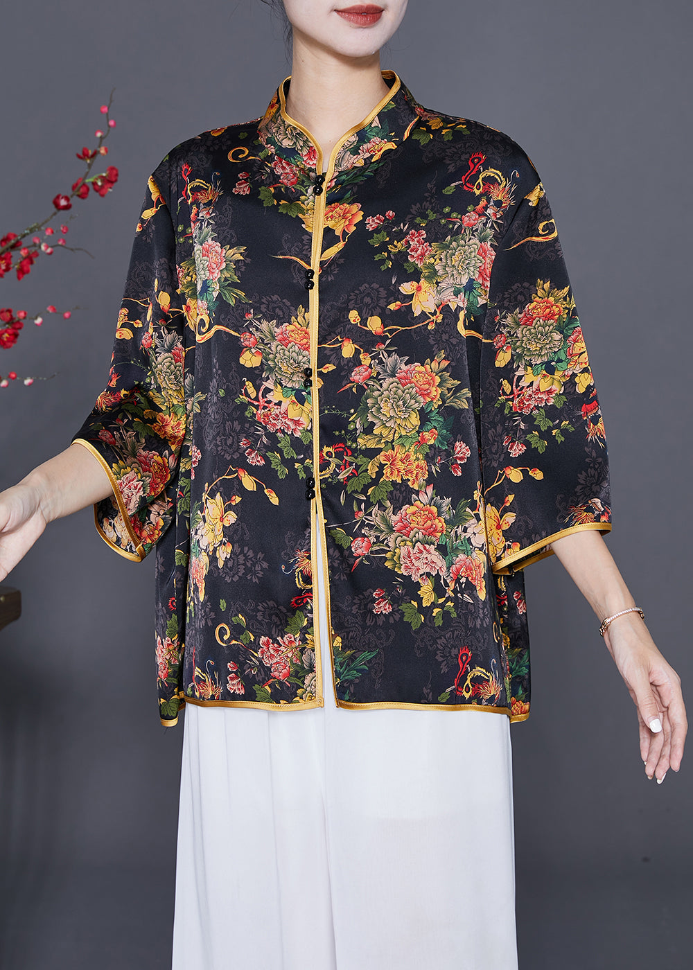 Black Print Silk Shirt Mandarin Collar Button Summer LY7646