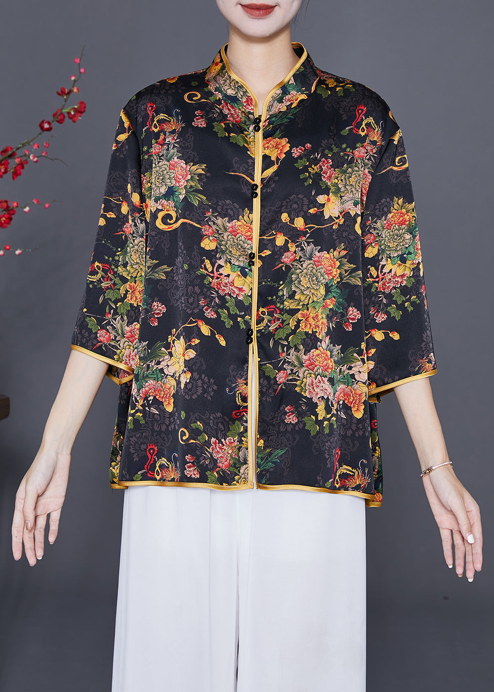 Black Print Silk Shirt Mandarin Collar Button Summer LY7646