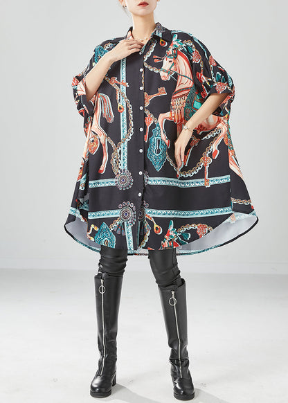 Black Print Silk Vacation Dresses Oversized Draping Batwing Sleeve LY6141 - fabuloryshop