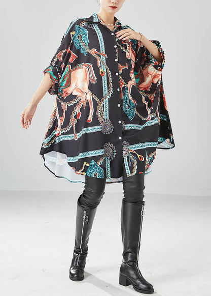 Black Print Silk Vacation Dresses Oversized Draping Batwing Sleeve LY6141 - fabuloryshop