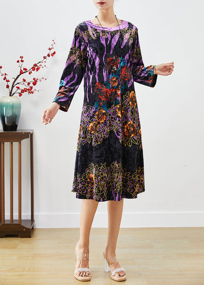 Black Print Silk Velour Mid Dress O-Neck Fall Ada Fashion