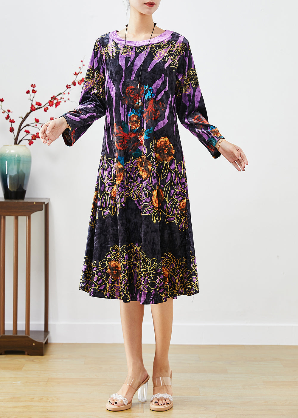 Black Print Silk Velour Mid Dress O-Neck Fall Ada Fashion