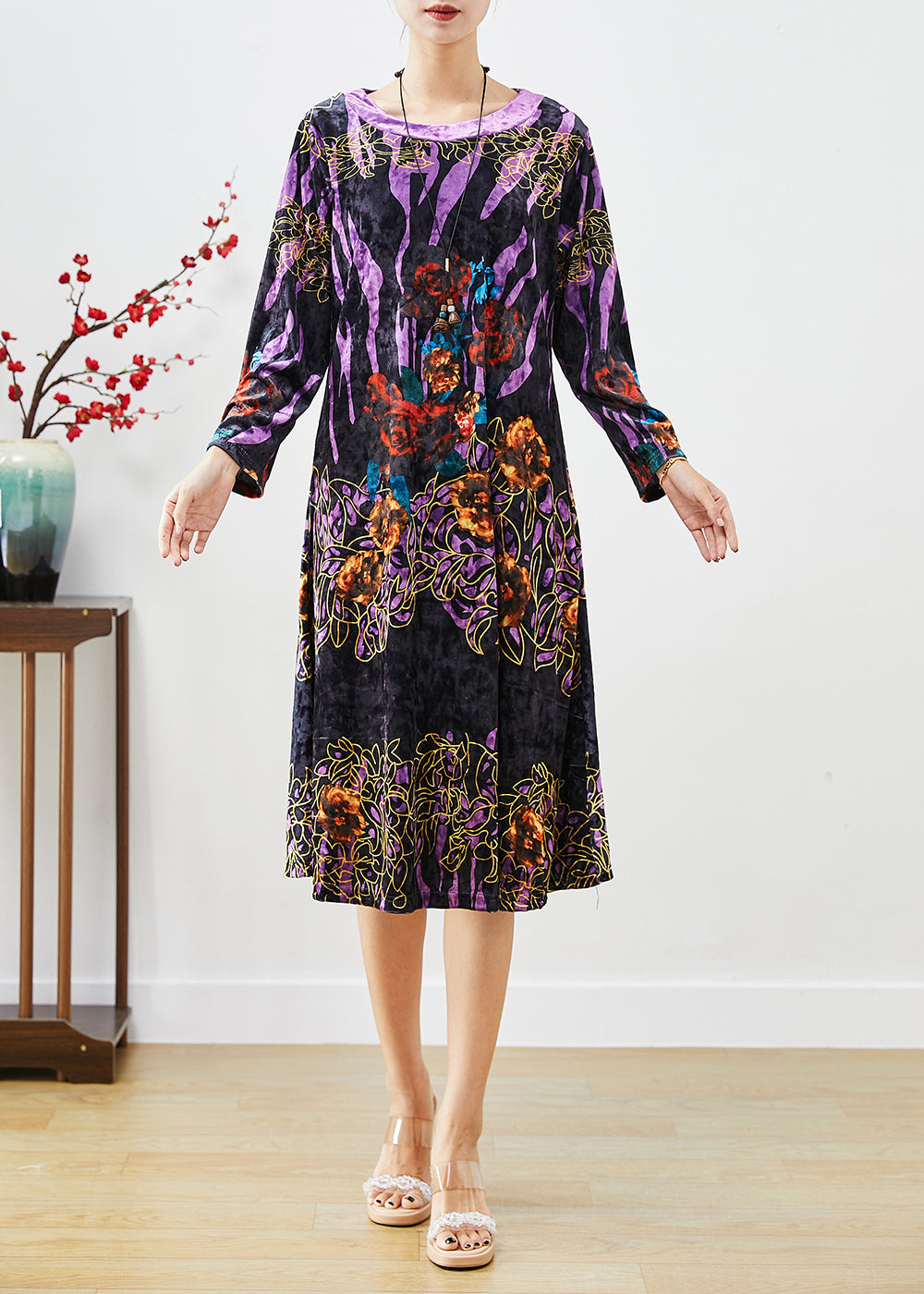 Black Print Silk Velour Mid Dress O-Neck Fall Ada Fashion