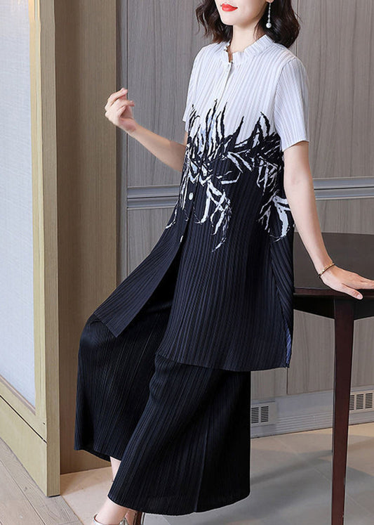 Black Print Two Pieces Set Stand Collar Oversized Wrinkled Summer LY2782 - fabuloryshop