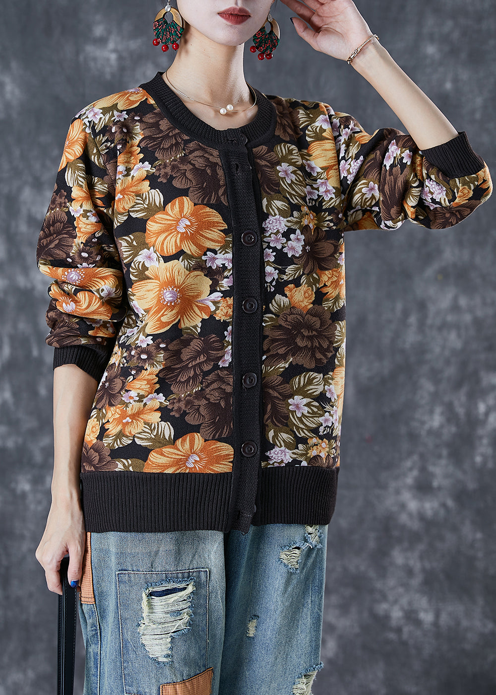 Black Print Warm Knit Sweaters Button Down Winter Ada Fashion