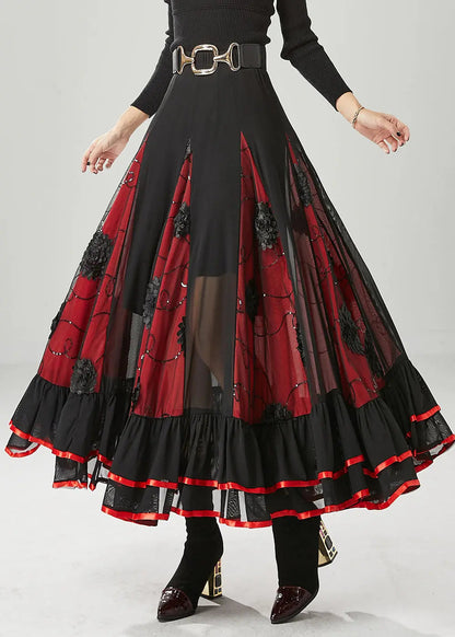 Black Red Patchwork Chiffon Skirt Floral Exra Large Hem Fall Ada Fashion