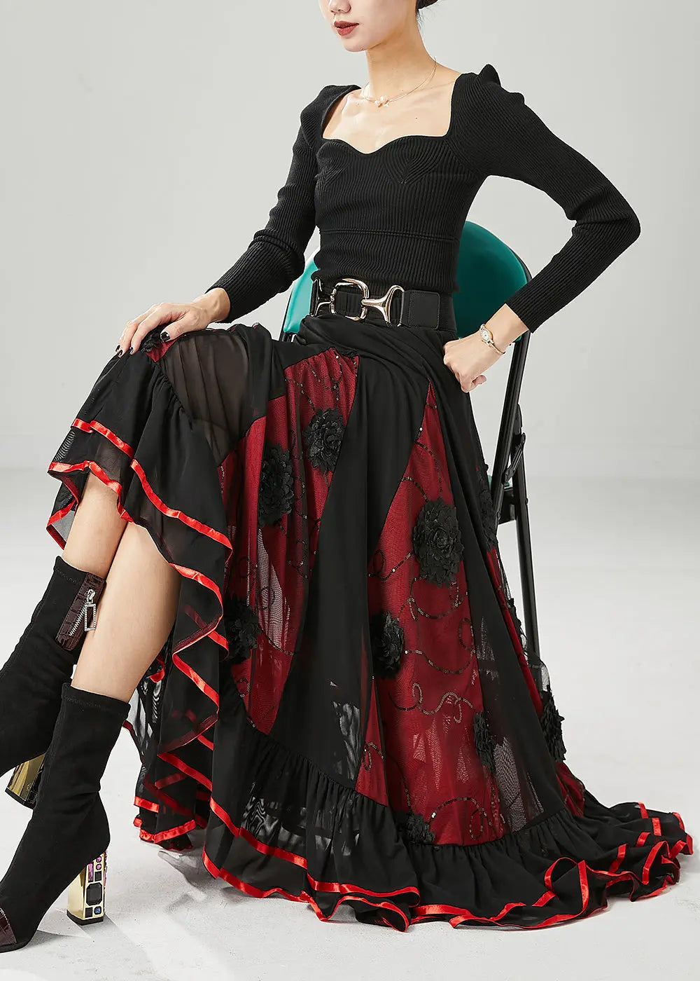 Black Red Patchwork Chiffon Skirt Floral Exra Large Hem Fall Ada Fashion