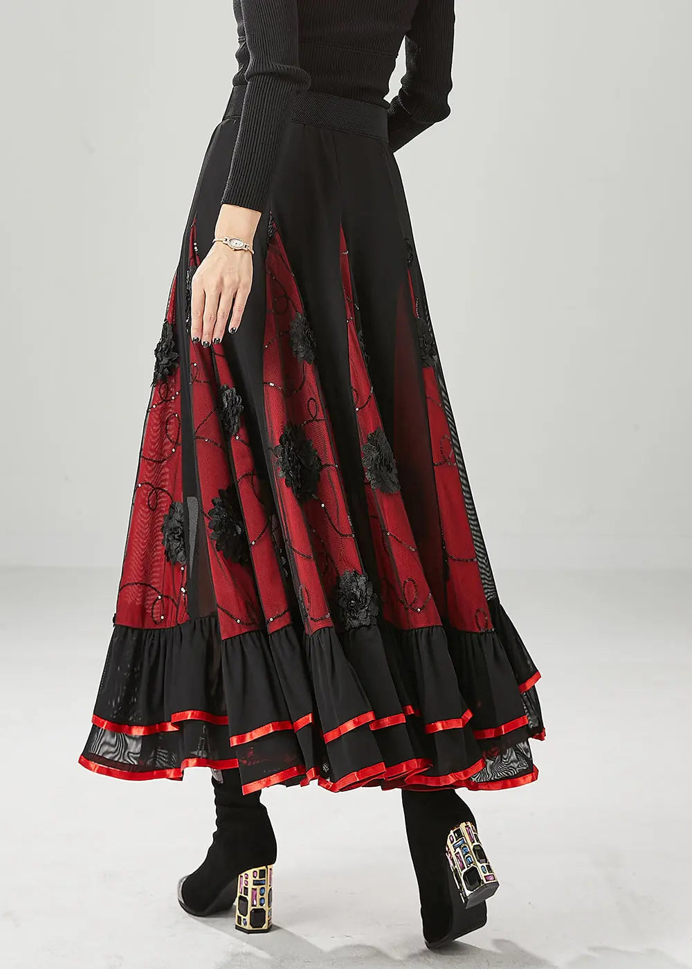Black Red Patchwork Chiffon Skirt Floral Exra Large Hem Fall Ada Fashion