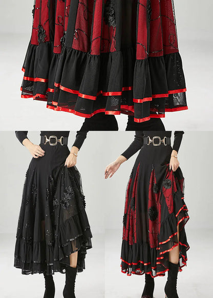 Black Red Patchwork Chiffon Skirt Floral Exra Large Hem Fall Ada Fashion