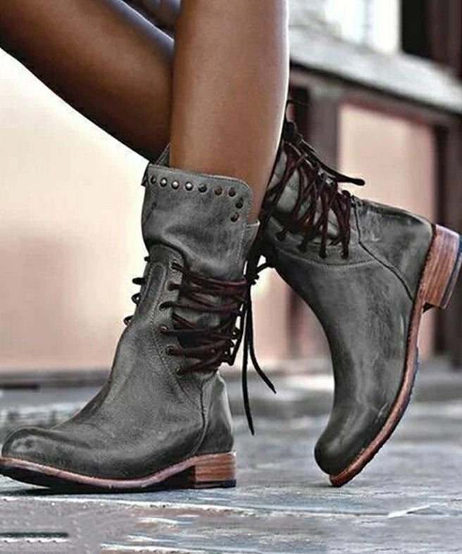 Black Rivet Boots Faux Leather Unique Lace Up Boots LY4390 - fabuloryshop