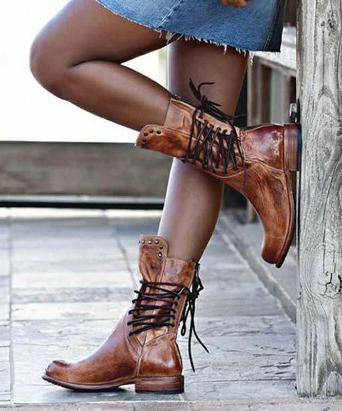 Black Rivet Boots Faux Leather Unique Lace Up Boots LY4390 - fabuloryshop