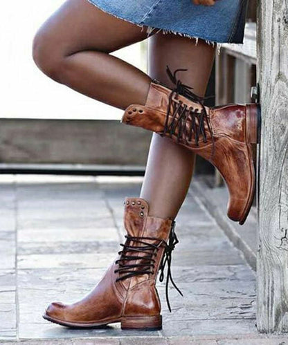 Black Rivet Boots Faux Leather Unique Lace Up Boots LY4390 - fabuloryshop