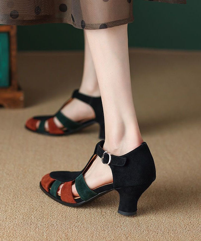 Black Sandals Chunky Heel Suede Elegant Splicing Buckle Strap LY1743 - fabuloryshop