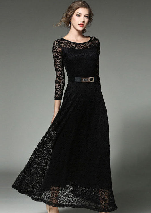 Black Sashes Patchwork Slim Fit Lace Long Dresses O-Neck Bracelet Sleeve Ada Fashion