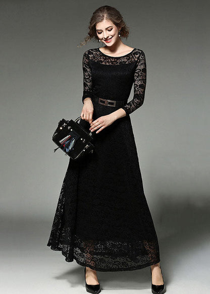 Black Sashes Patchwork Slim Fit Lace Long Dresses O-Neck Bracelet Sleeve Ada Fashion