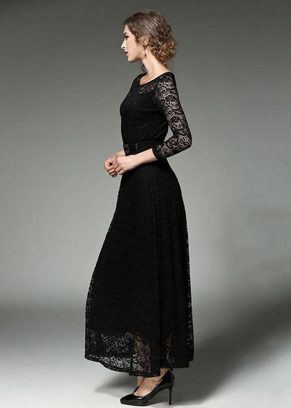 Black Sashes Patchwork Slim Fit Lace Long Dresses O-Neck Bracelet Sleeve Ada Fashion