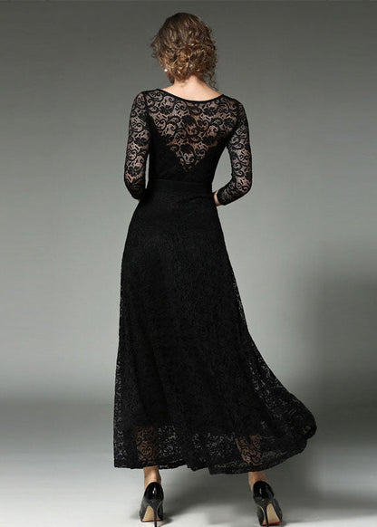 Black Sashes Patchwork Slim Fit Lace Long Dresses O-Neck Bracelet Sleeve Ada Fashion