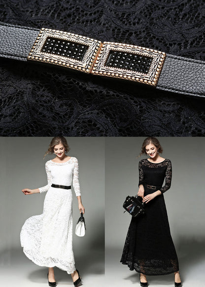 Black Sashes Patchwork Slim Fit Lace Long Dresses O-Neck Bracelet Sleeve Ada Fashion