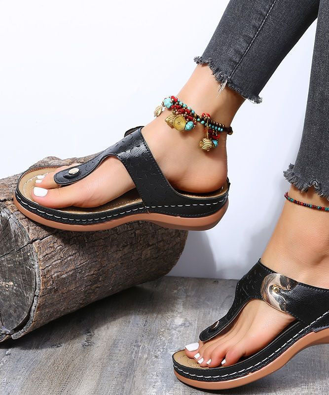 Black Sequined Rivet Splicing Beach Wedge Thong Sandals LY2693 - fabuloryshop