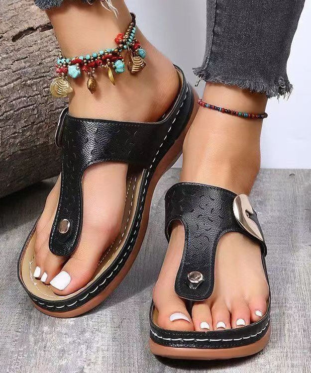 Black Sequined Rivet Splicing Beach Wedge Thong Sandals LY2693 - fabuloryshop