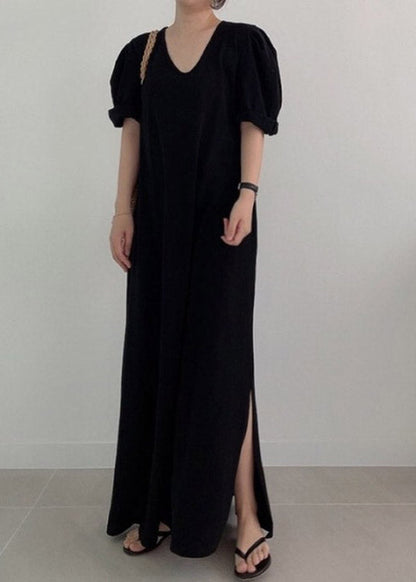 Black Side Open Knit Maxi Dress Long Sleeve LY2104 - fabuloryshop