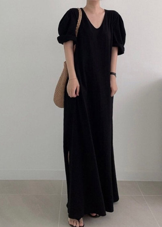 Black Side Open Knit Maxi Dress Long Sleeve LY2104 - fabuloryshop