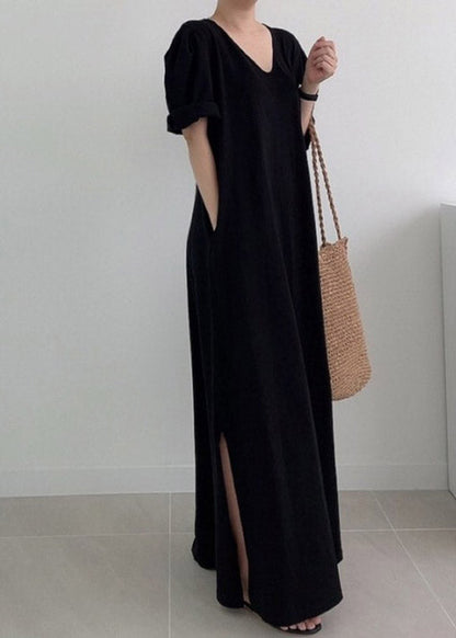 Black Side Open Knit Maxi Dress Long Sleeve LY2104 - fabuloryshop